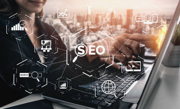 SEO - Search Engine Optimization for Online Marketing Concept. Modern graphic interface showing symbol of keyword research website promotion by optimize customer searching and analyze market strategy.